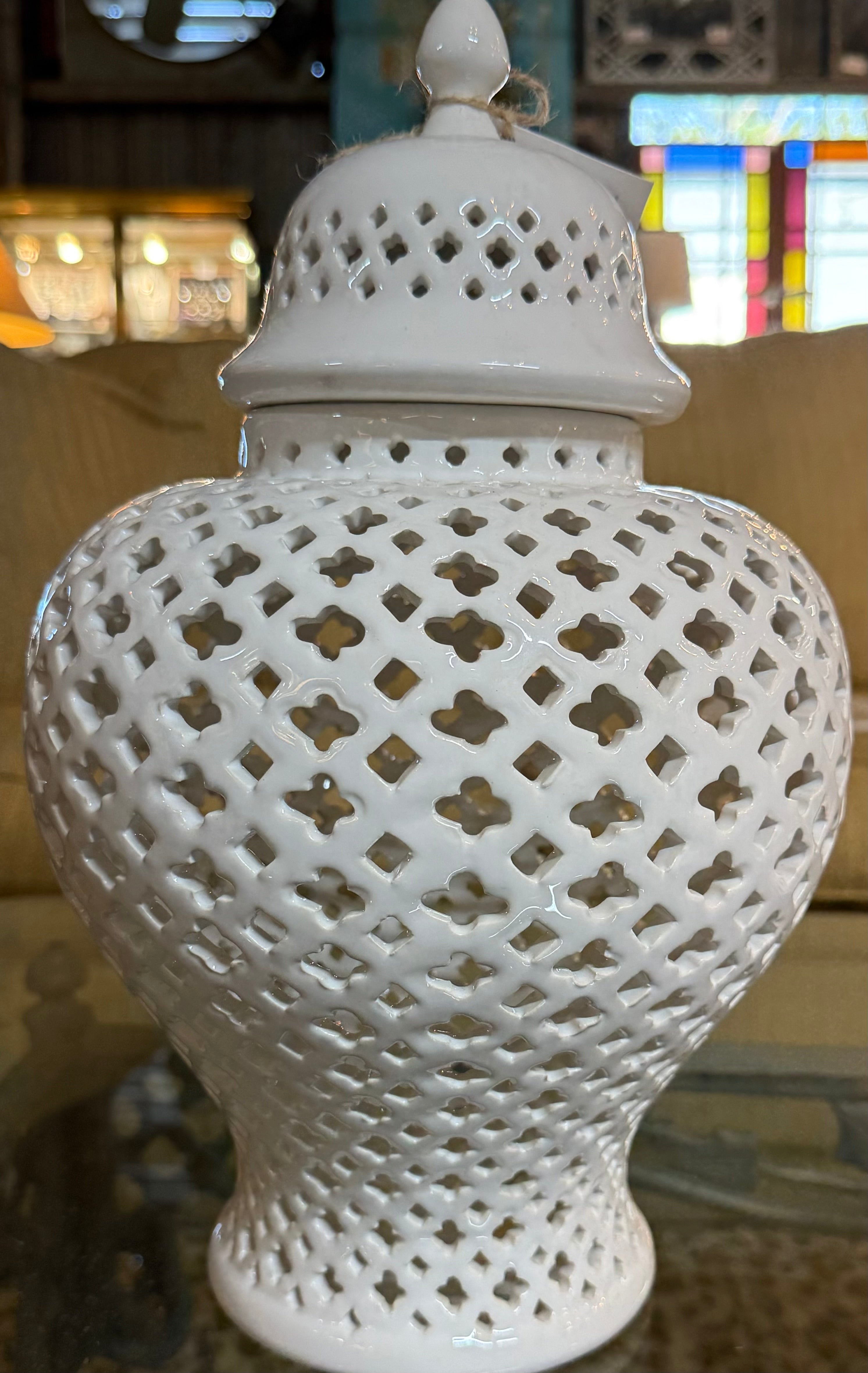 White Pierced Lattice Ginger Temple Jar with Lid