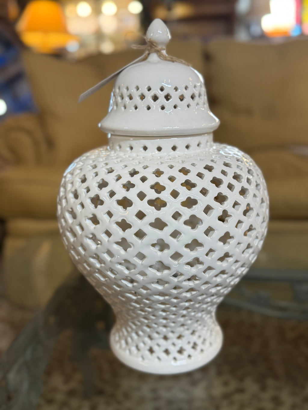 White Pierced Lattice Ginger Temple Jar with Lid