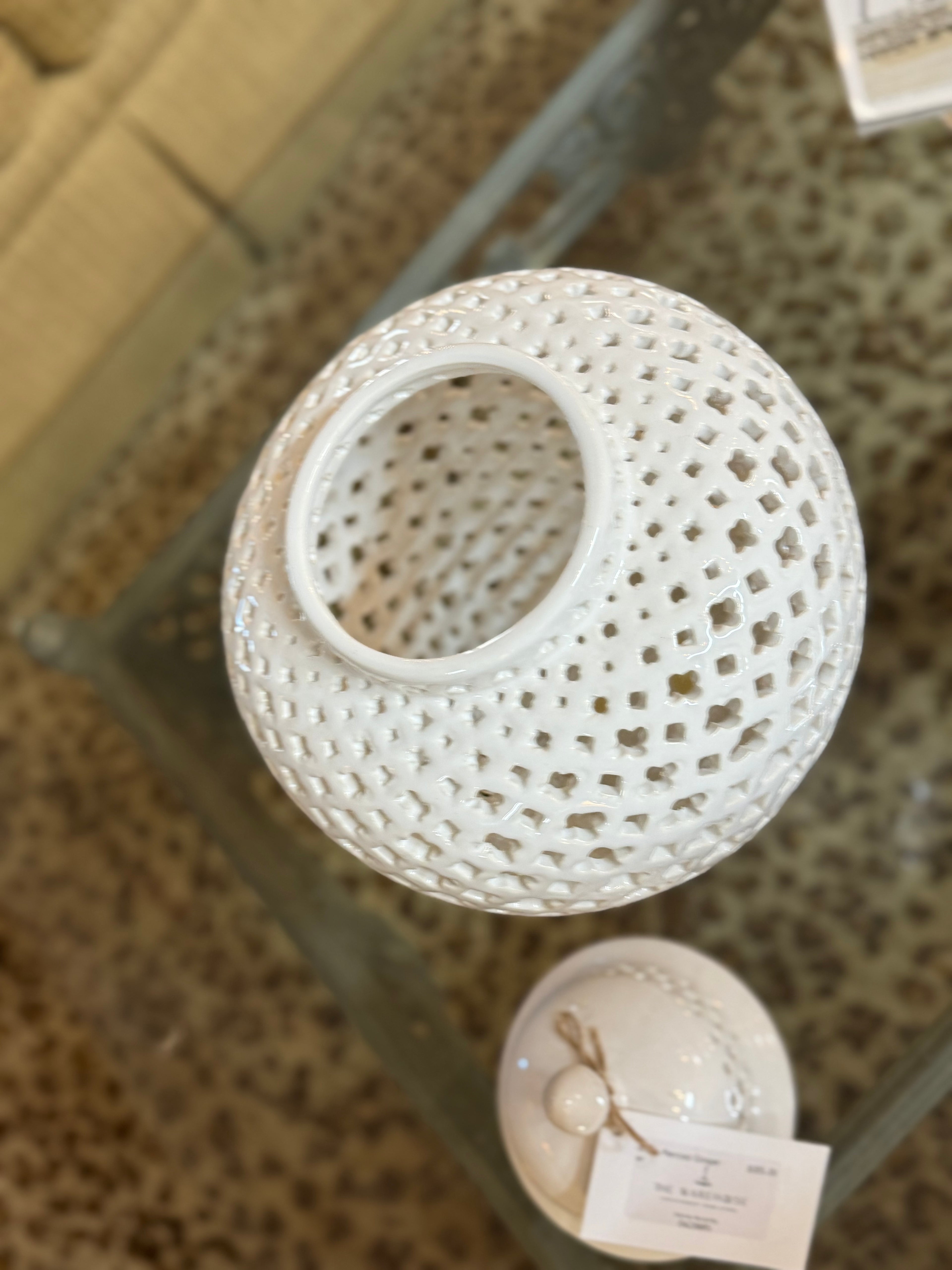 White Pierced Lattice Ginger Temple Jar with Lid